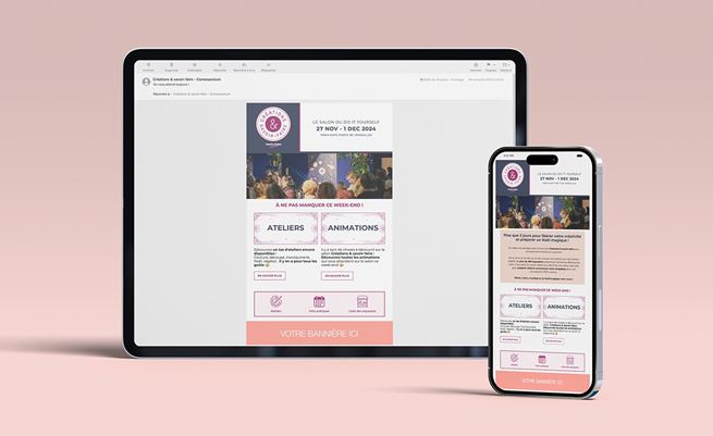 Visuel de la newsletter du salon Créations & Savoir-faire sur un écran d'ordinateur et sur un écran mobile