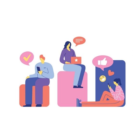 Illustration de personnes utilisant des appareils mobiles et un ordinateur dans un environnement de communication digitale.