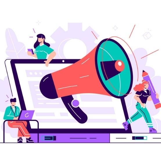 Illustration d'une équipe planifiant une stratégie de communication avec des graphiques et des présentations visuelles.