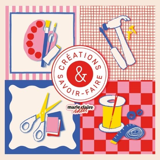 Visuel graphique Créations & Savoir-Faire avec outils de DIY et logo central.