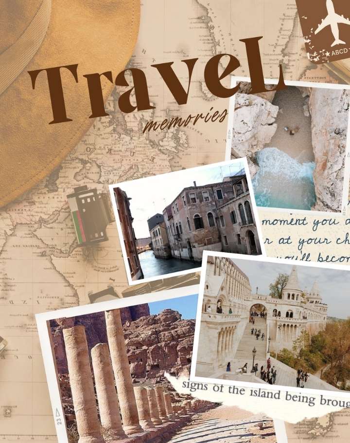 Collage créatif de souvenirs de voyage avec photos de paysages, carte ancienne et accessoires vintage.