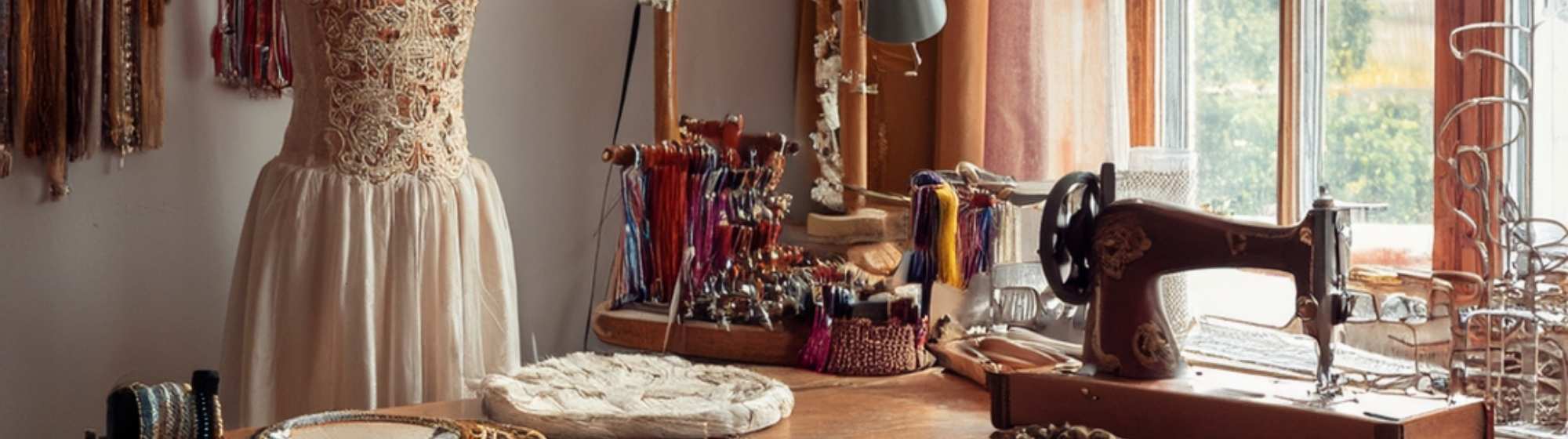 Atelier de broderie avec mannequin, machine à coudre et cadres de fils et perles sur une grande table en bois