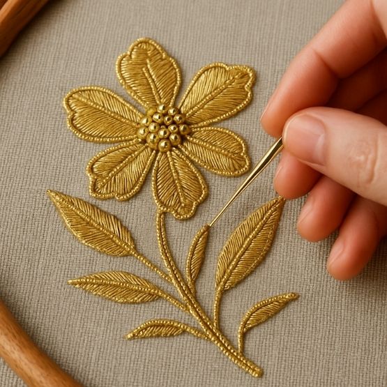 Main brodant une fleur dorée avec du fil d’or sur tissu beige dans un tambour à broder