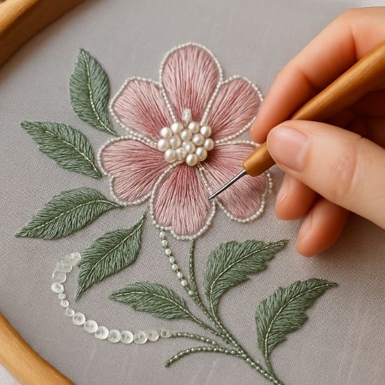 Main brodant une fleur rose avec des perles blanches et des feuilles vertes sur tissu dans un tambour à broder
