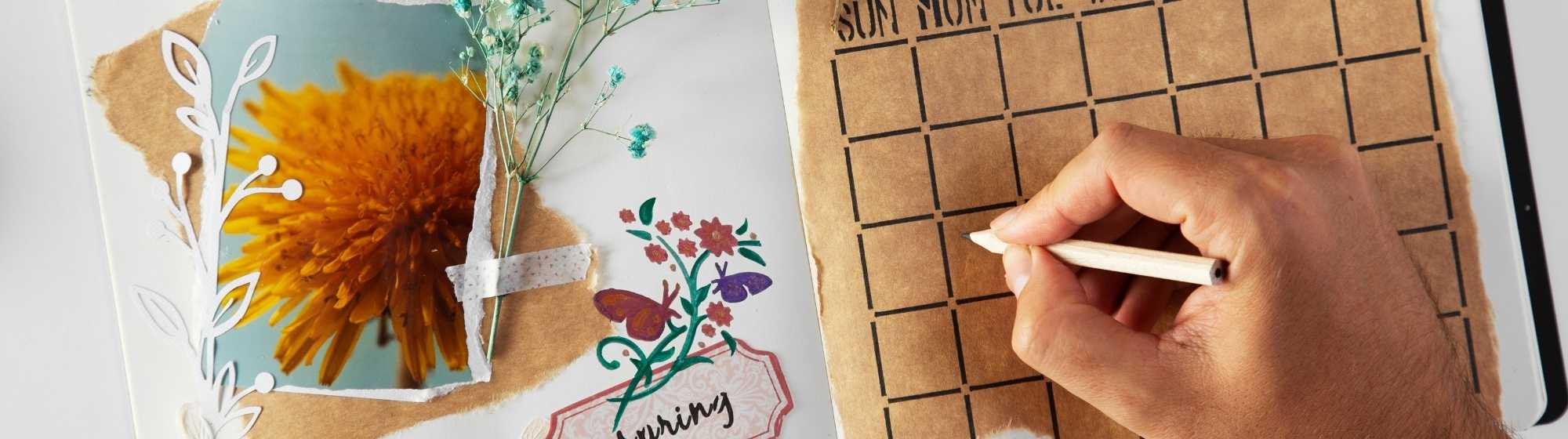 Pages décorées de bullet journal en portugais, retraçant une journée d’anniversaire avec dessins de ballons, gâteaux et décorations festives.