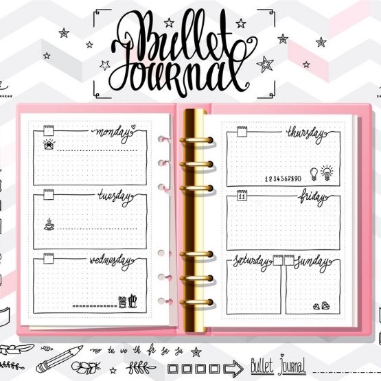 Page de bullet journal ouverte avec une mise en page hebdomadaire décorative en noir et blanc.