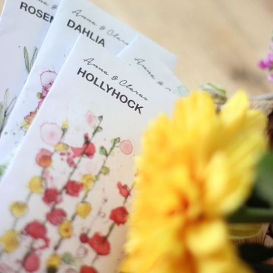 Sachets de graines illustrés et personnalisés en guise de cadeaux pour invités de mariage.