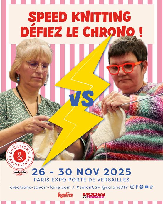 Affiche de l’événement Speed Knitting du salon Créations & Savoir-Faire 2025, avec deux participantes tricotant en duel.
