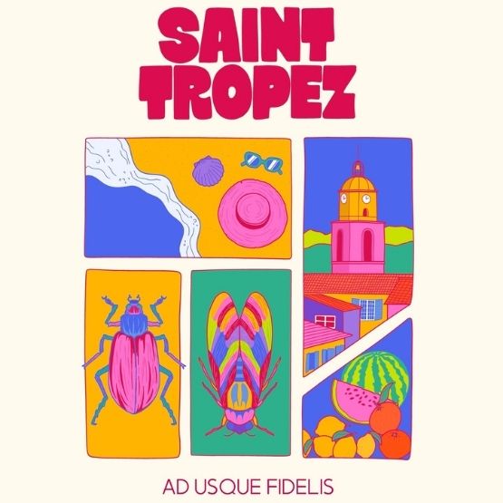 Affiche colorée style pop art avec des éléments emblématiques de Saint-Tropez : plage, clocher, fruits et insectes stylisés.