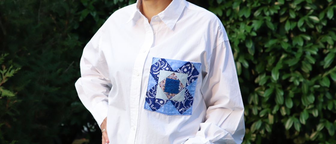Poche en Patchwork sur une chemise blanche oversize