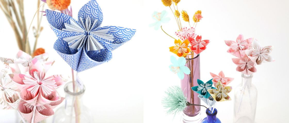 Exemples de bouquets de fleurs en origami dans des vases