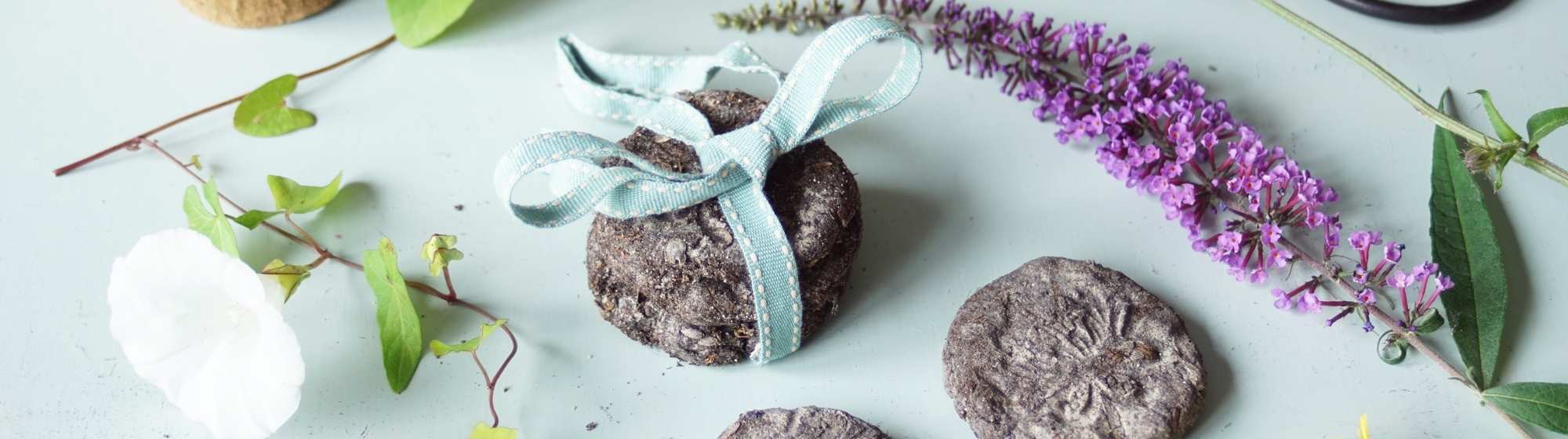 Bombes à graines décorées d’un ruban, entourées de fleurs, ficelle et pots de jardin.