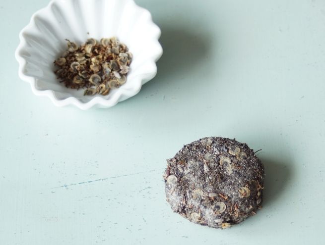 Disque de terre séché avec graines visibles, posé près d’un bol.