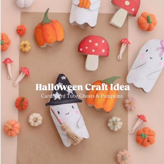 Fantômes et citrouilles réalisés en carton et papier pour une activité créative d’Halloween.