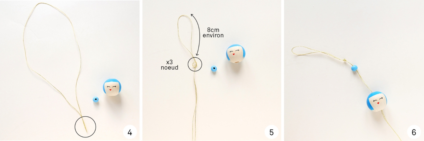 3 images explicatives, numérotées 1, 2 et 3 avec des créations faites à la main, du fil et des perles