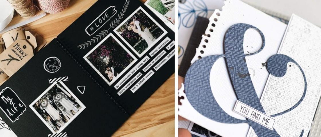 Albums photo créatifs en noir et blanc décorés à la main avec motifs graphiques et photos personnelles.